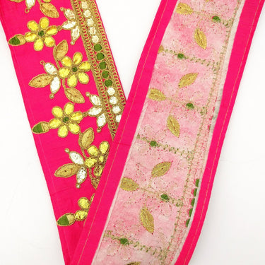 Radical Red Art Silk Fabric Trim, Green & Gold Floral Embroidery Gota Patti Indian Sari Border Trim By Yard Decorative Trim Craft Lace